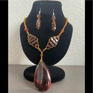 Mexican Huichol Citrine Necklace and Earrings Handmade Set